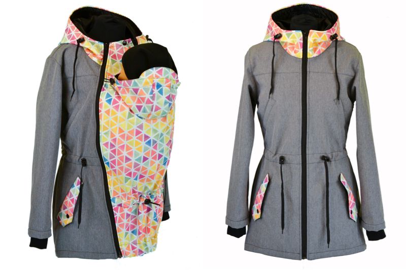 Softshellová nosící parka JARO/PODZIM pro přední nošení-šedá žíhaná/akvarelové trojúhelníky - SKLADEM XL