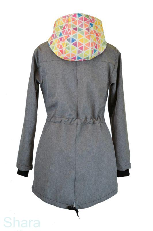 Softshellová nosící parka JARO/PODZIM pro přední nošení-šedá žíhaná/akvarelové trojúhelníky - SKLADEM XL