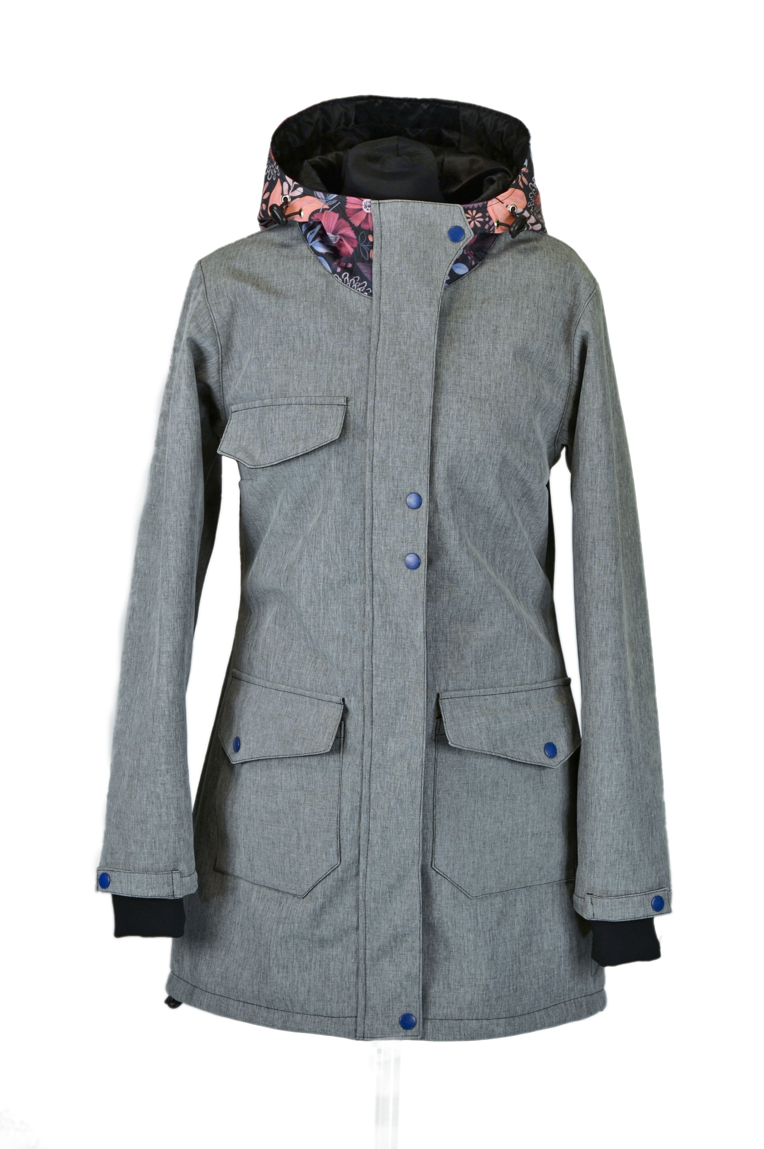 Soft.nosící kabát JARO/PODZIM - šedá žíhaná/malované květy-SKLADEM-S