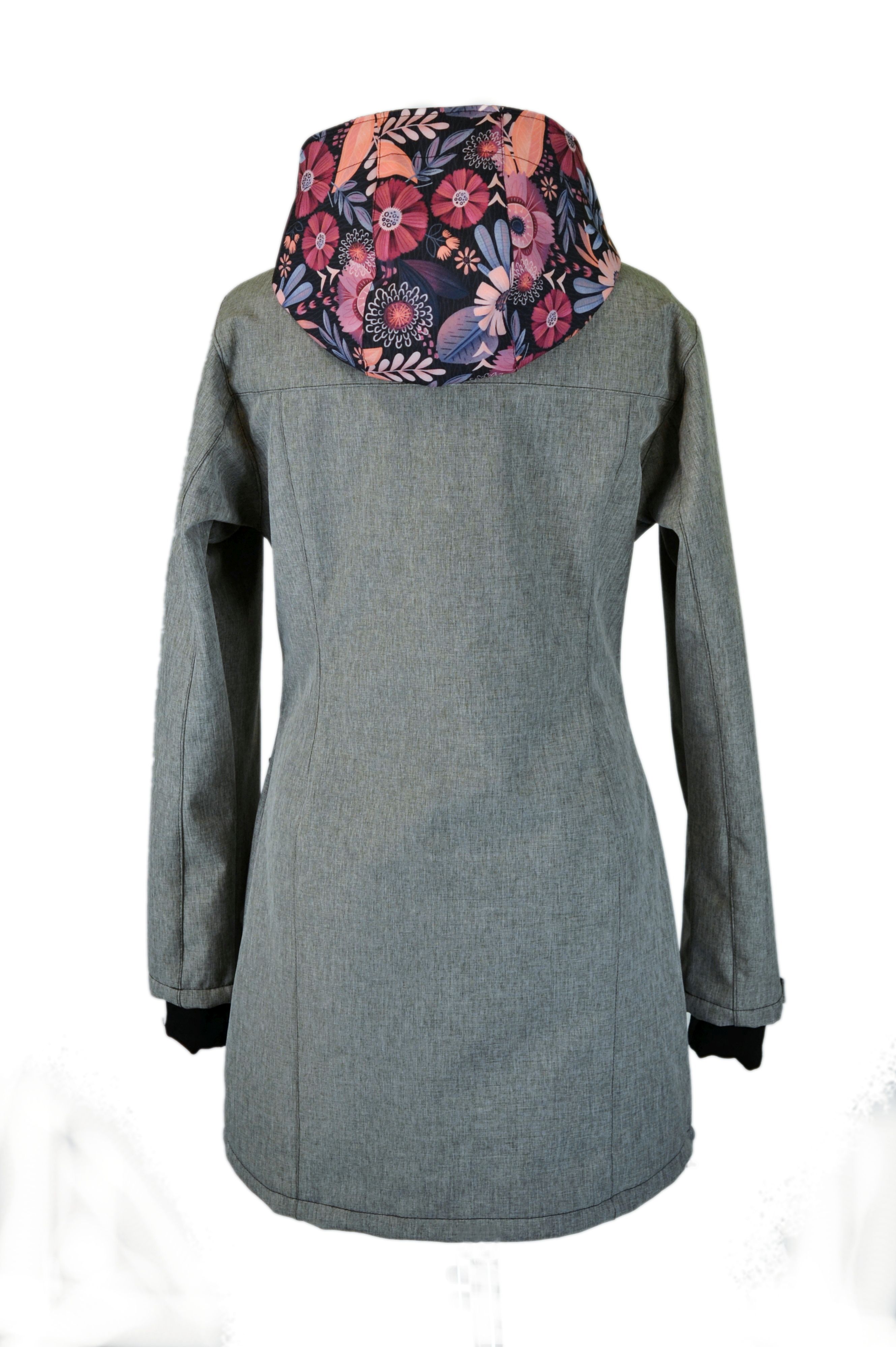 Soft.nosící kabát JARO/PODZIM - šedá žíhaná/malované květy-SKLADEM-S