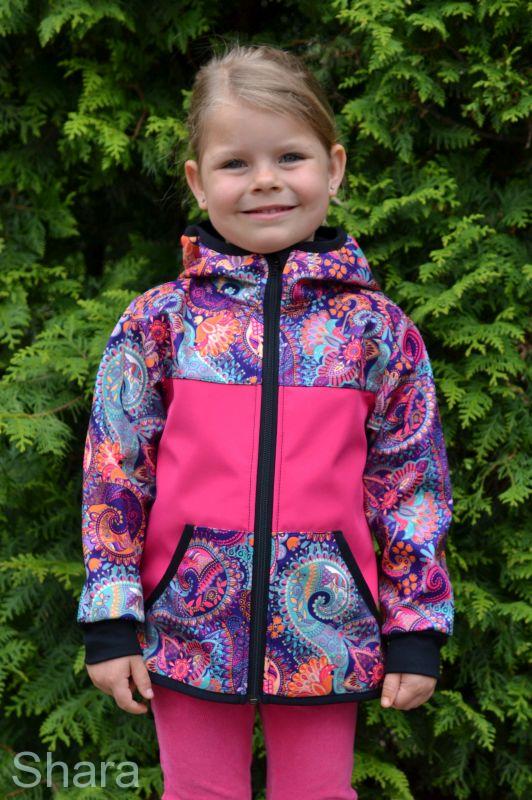 Dětská softshellová bunda - malina i kapsy/ornamenty - SKLADEM - vel.98