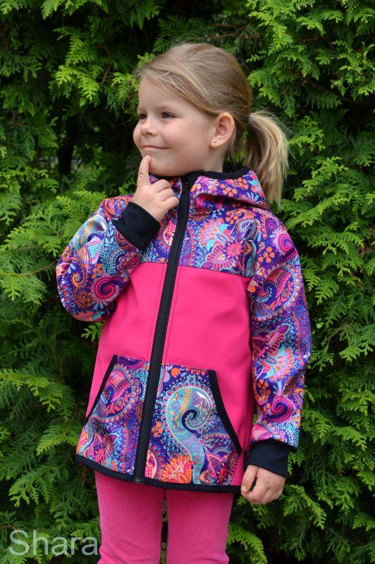 Dětská softshellová bunda - malina i kapsy/ornamenty - SKLADEM - vel.98