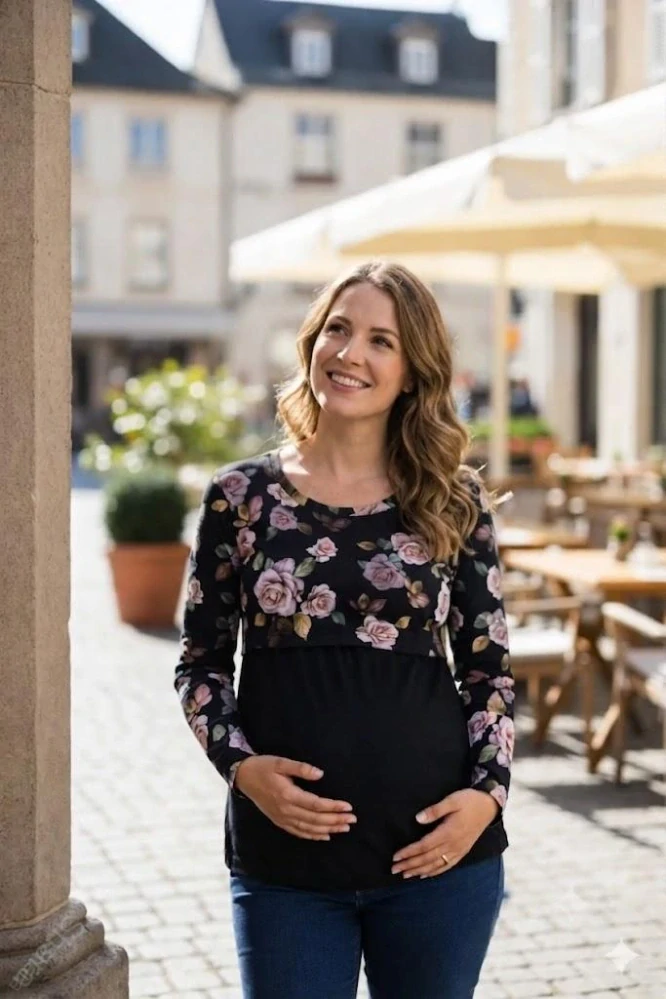 Kojící i těhotenské tričko Shara - černá/květy na černé