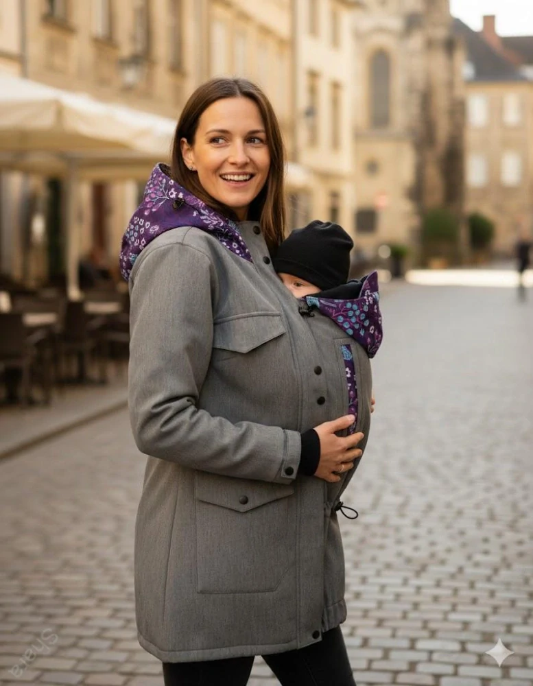 Softshellový kabát JARO/PODZIM přední nošení s hladítky- šedá žíhaná/fialové bobule SKLADEM vel.S