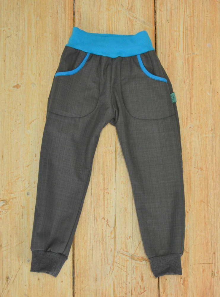 Dětské kalhoty softshell BERÁNEK vyšší parametry - šedá/tyrkys SKLADEM vel.104