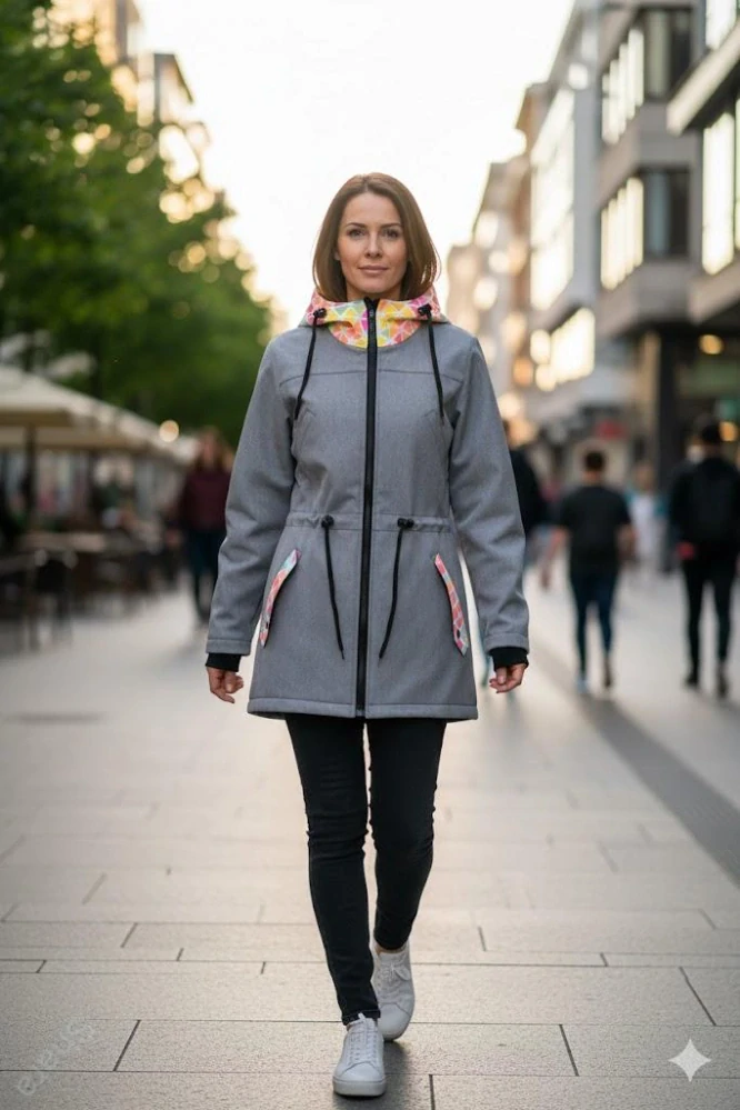Softshellová nosící parka JARO/PODZIM pro přední nošení-šedá žíhaná/akvarelové trojúhelníky - SKLADEM XL