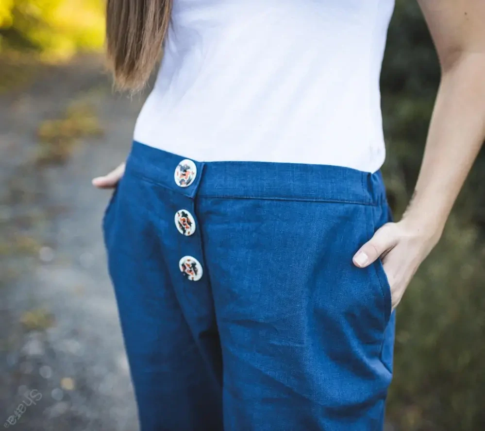 Lněné dámské kalhoty široké nohavice-modré