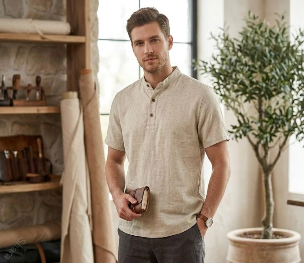 Lněná pánská polokošile krátký rukáv- režná