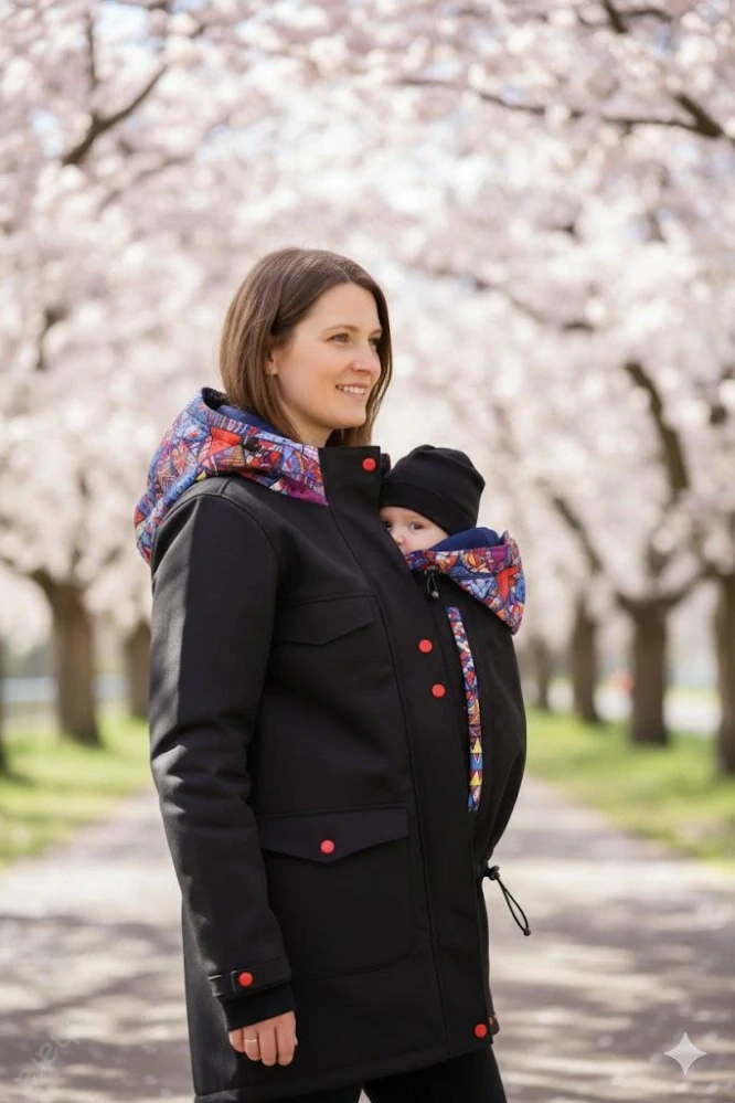 Softshellový kabát přední nošení vsadka s hladítky- černá/bláznivé trojúhelníky/petrolej SKLADEM vel.S