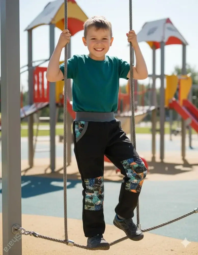 Dětské kalhoty softshellové - černá/horská zvířátka/šedé v pase