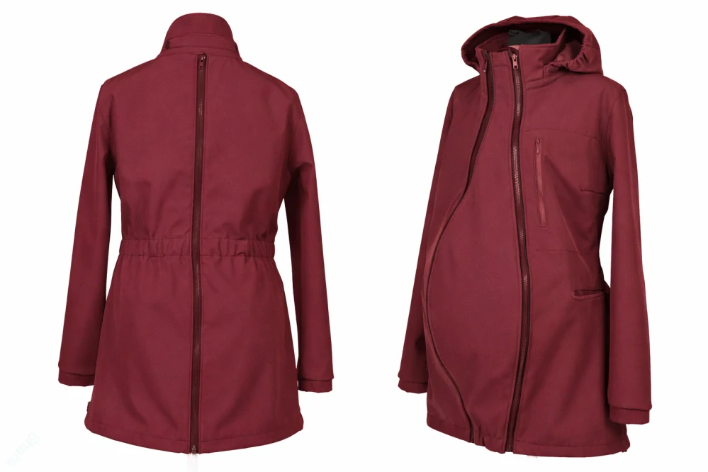 Softshellová dlouhá bunda 4v1-těhotenská a nosící vsadka, zadní zip pro zadní nošení, běžné nošení bez vsadky- vínová