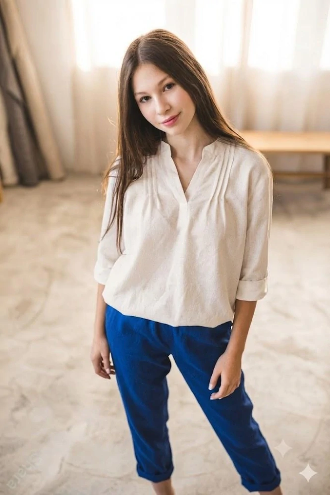 Lněná dámská halena se záhybky, 3/4 rukáv-režná