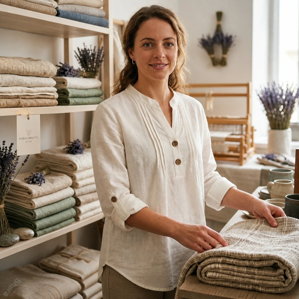 Lněná dámská halena se záhybky, 3/4 rukáv-bílá stone wash