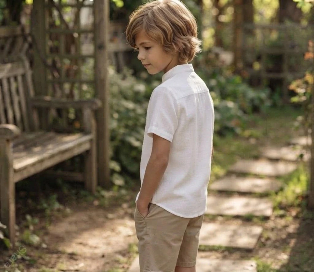 Lněná školní košile krátký rukáv-100% len, stone wash