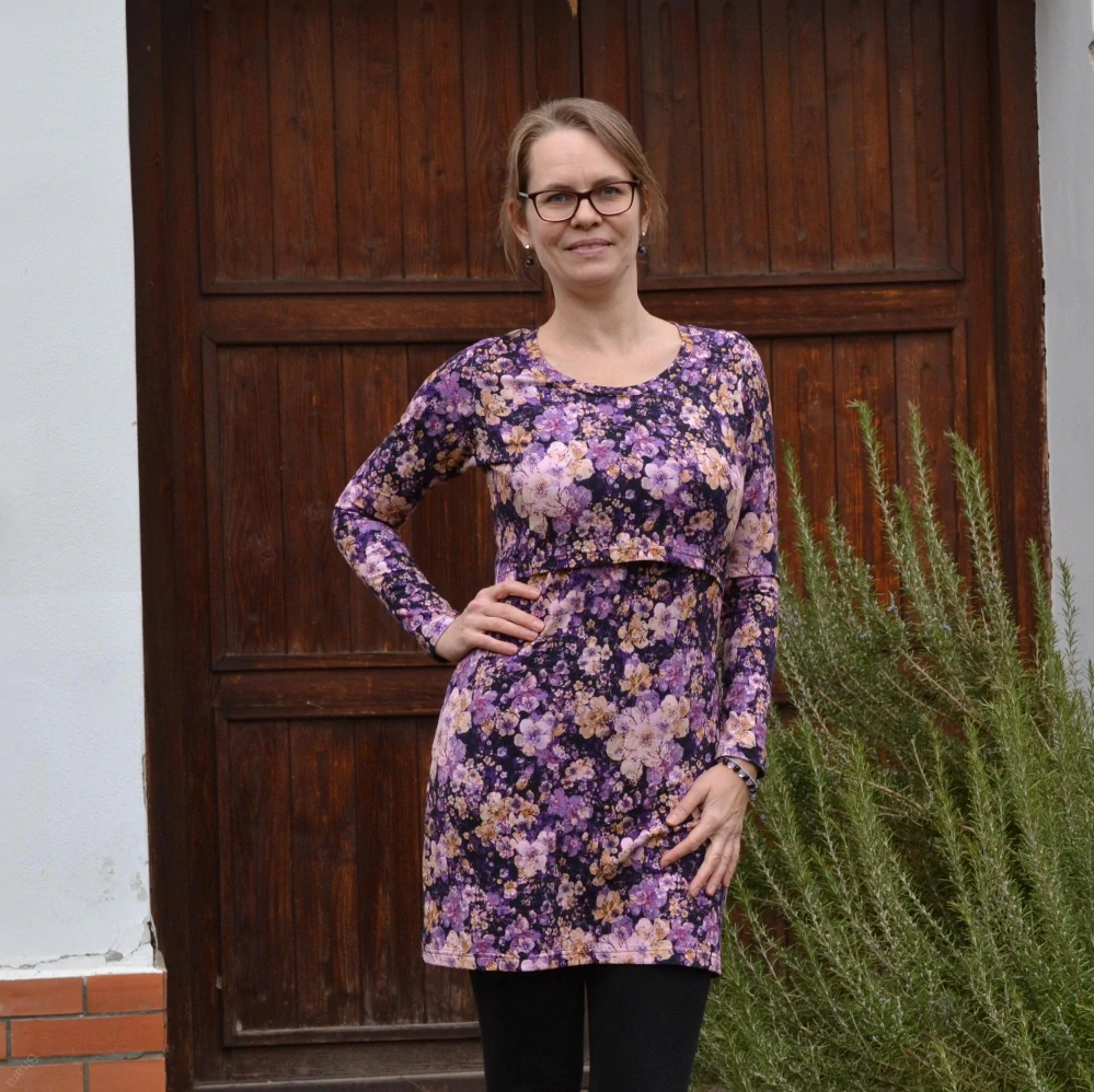 Mikinové šaty těhotenské i kojící Shara - fialové květy