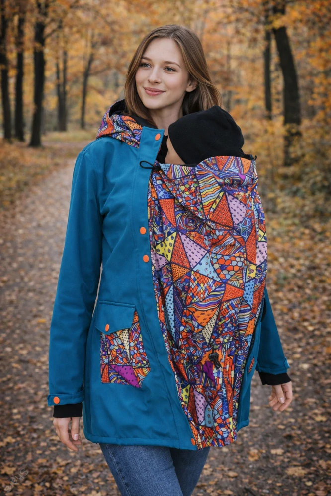 Softshellový kabát přední nošení - petrolej/bláznivé trojúhelníky