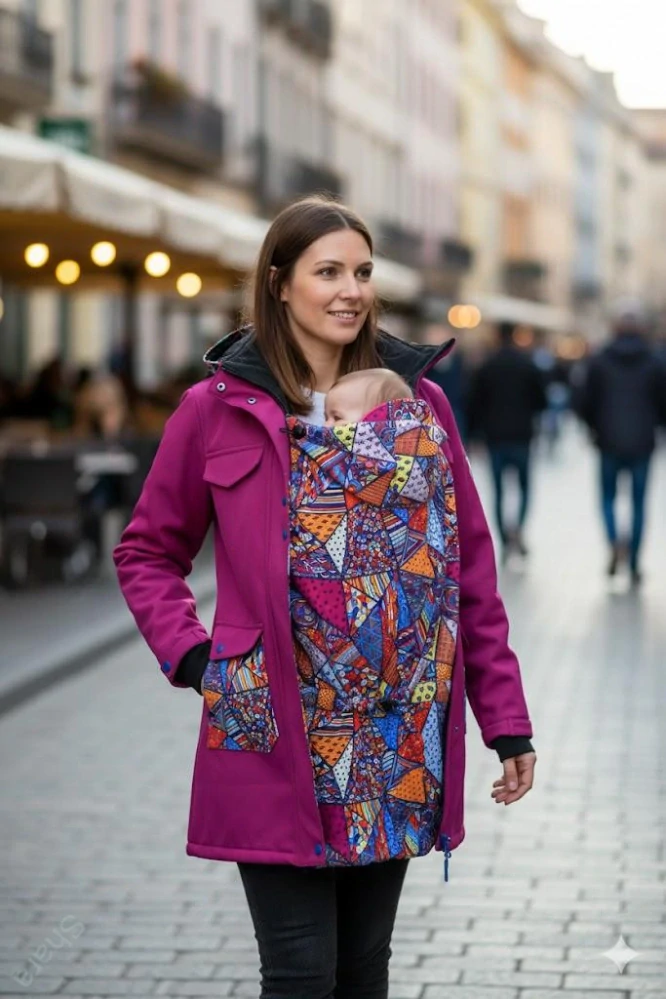 Softshellový kabát přední nošení - fuchsie/bláznivé trojúhelníky