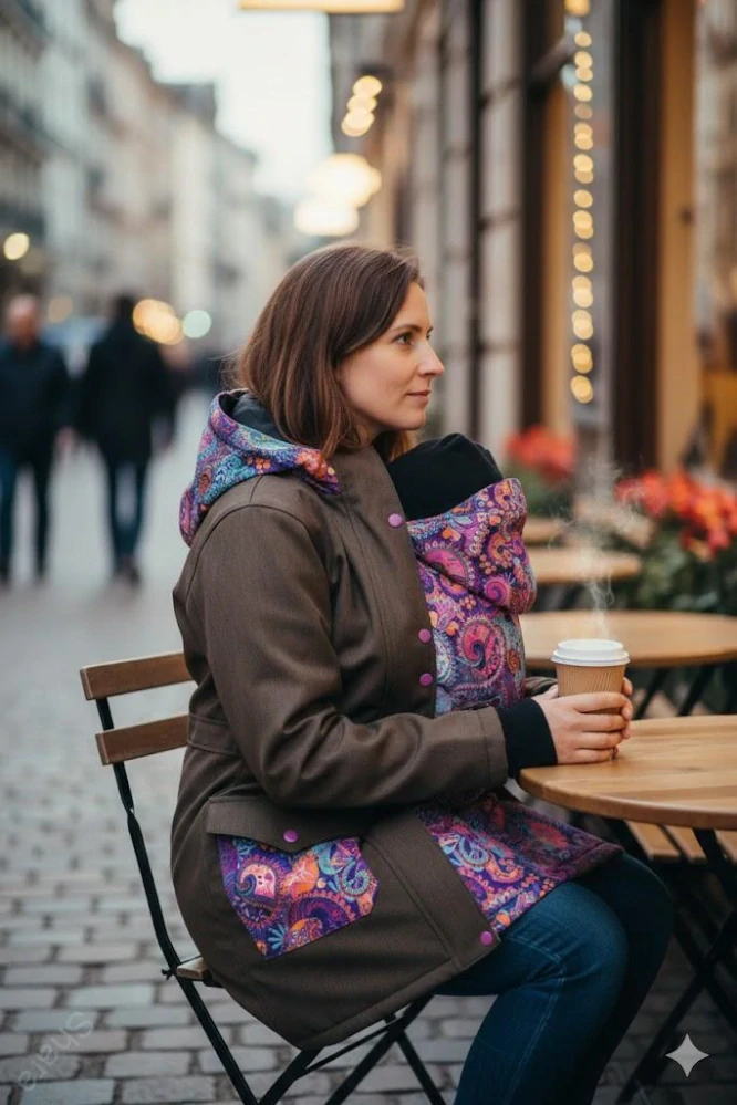 Softshellový kabát přední nošení - hnědá žíhaná/ornamenty