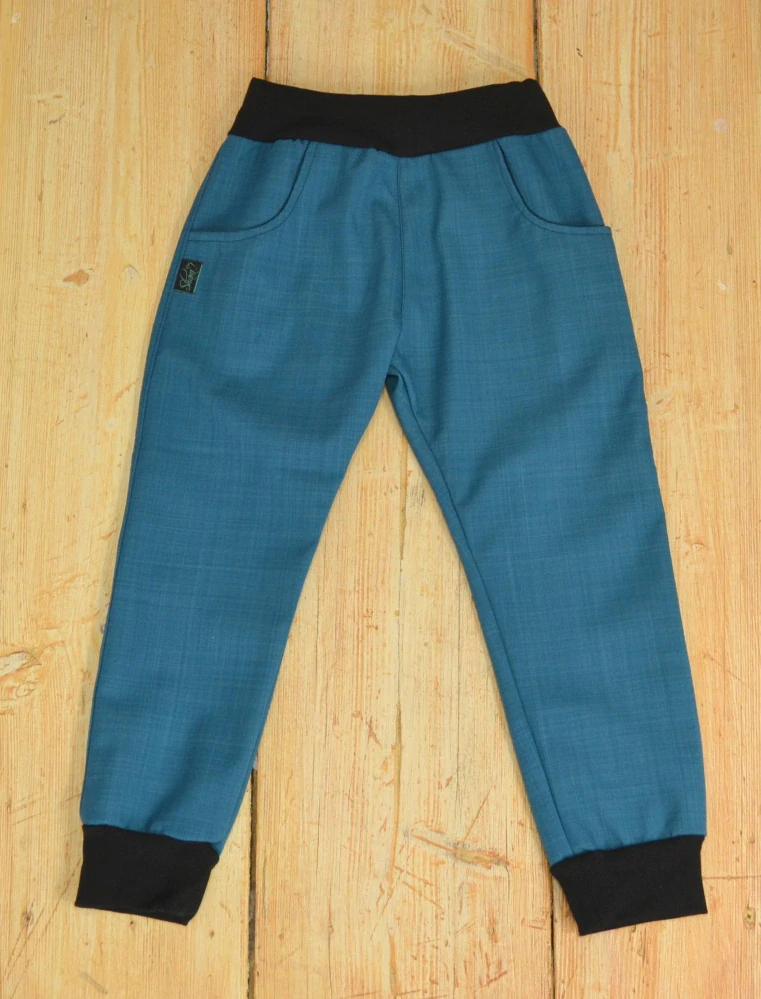 Dětské kalhoty softshell JARNÍ bambus-petrolej SKLADEM 3x vel.134