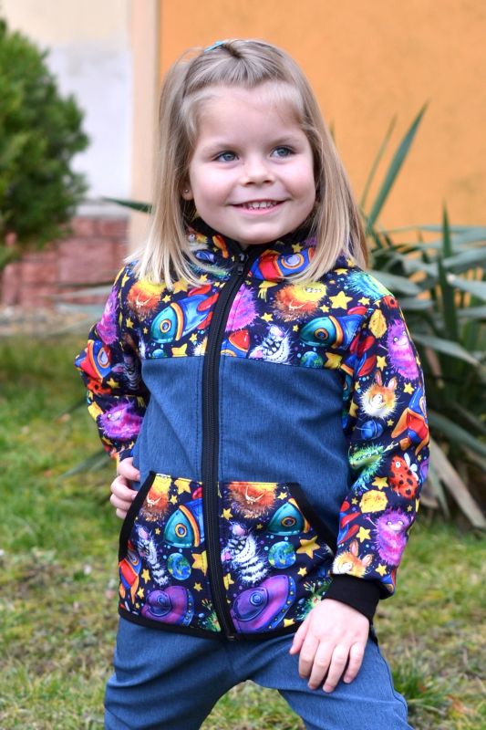 Dětská softshellová bunda - modrá žíhaná/vesmír SKLADEM vel.122