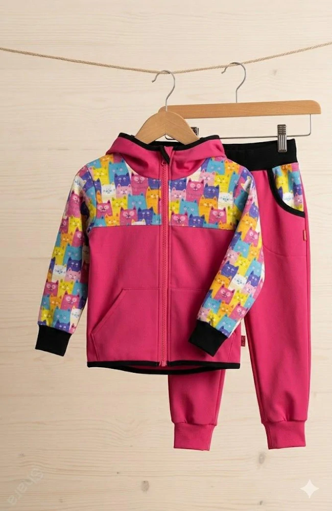 Dětský softshellový set- malina/kočky