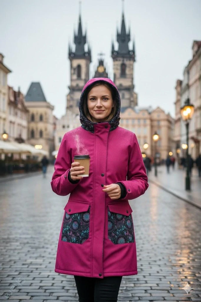 Soft.nosící kabát JARO/PODZIM - fuchsie/lapače snů - SKLADEM XL