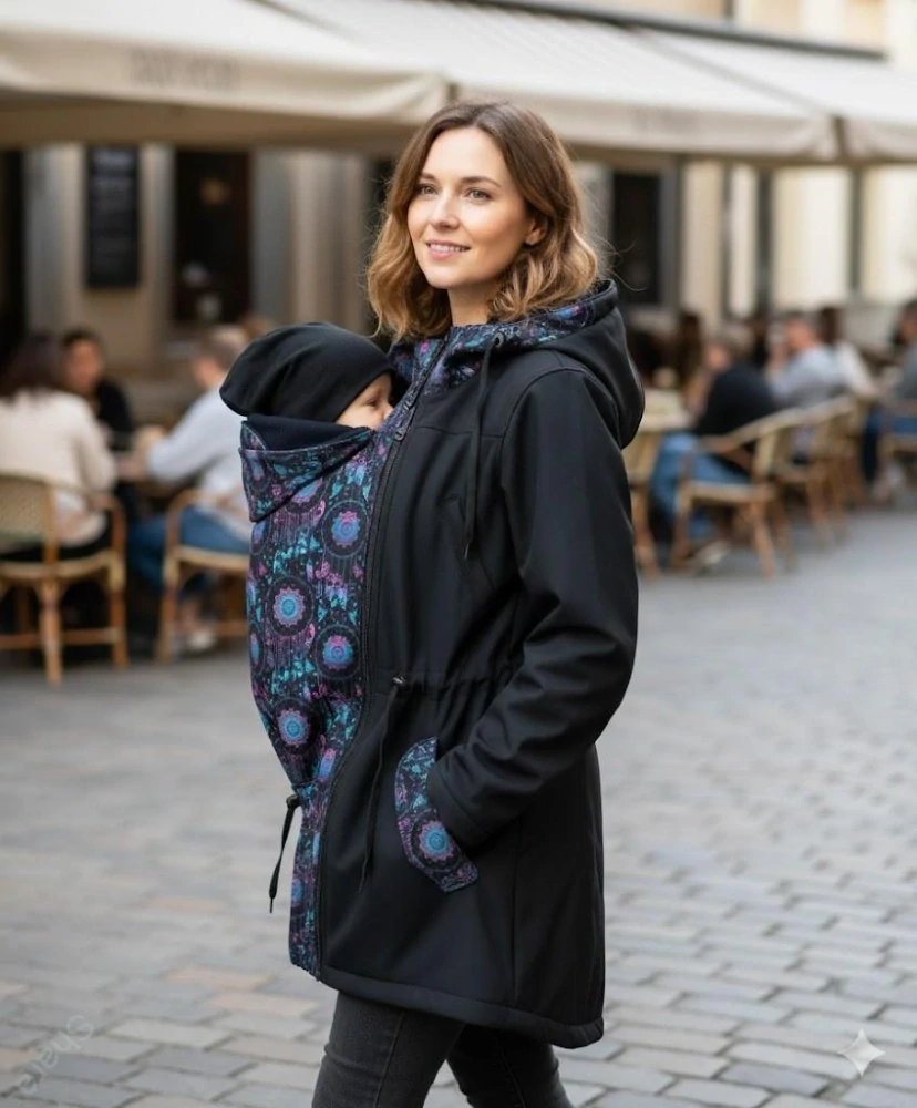 Softshellová nosící parka pro přední nošení-černá/lapače snů