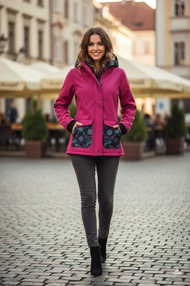 Softshelová ZIMNÍ bunda pro přední nošení - fuchsie/lapače snů-SKALDEM-XS