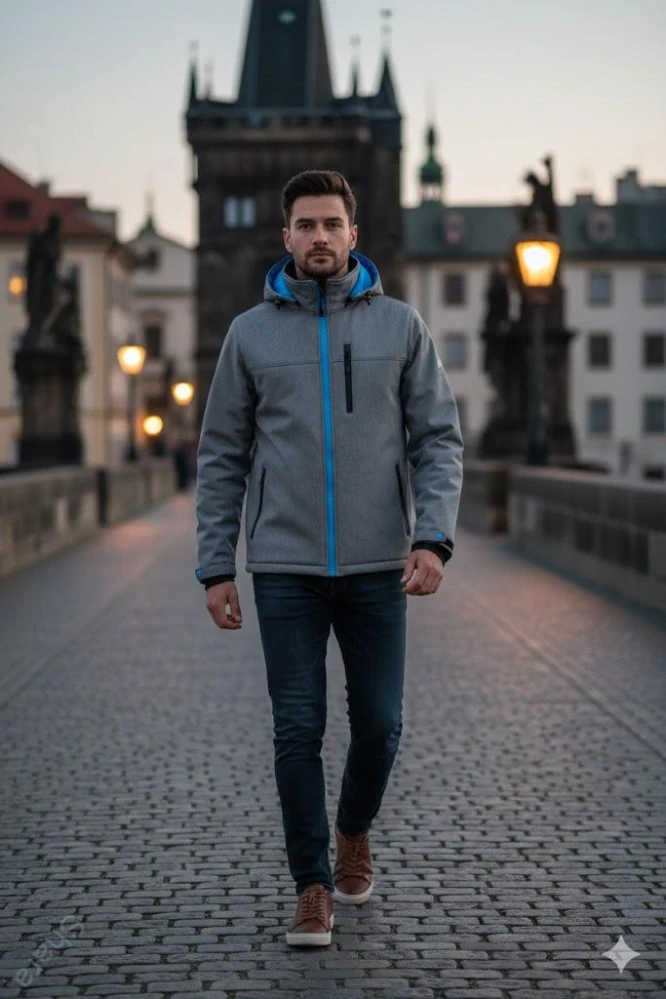 Pánská softshellová nosící bunda - šedá žíhaná/tyrkys
