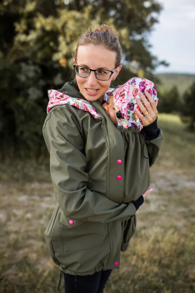 Softshellový kabát přední nošení - oliva/pivoňky
