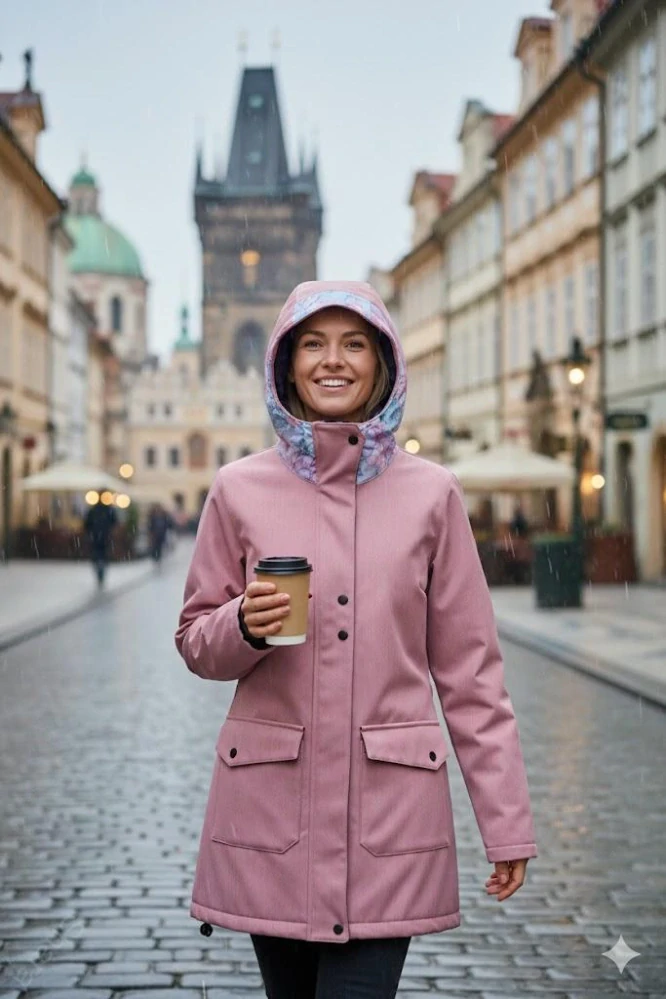Softshellový kabát přední nošení v kapuci - rybí kost/akvarelové květy