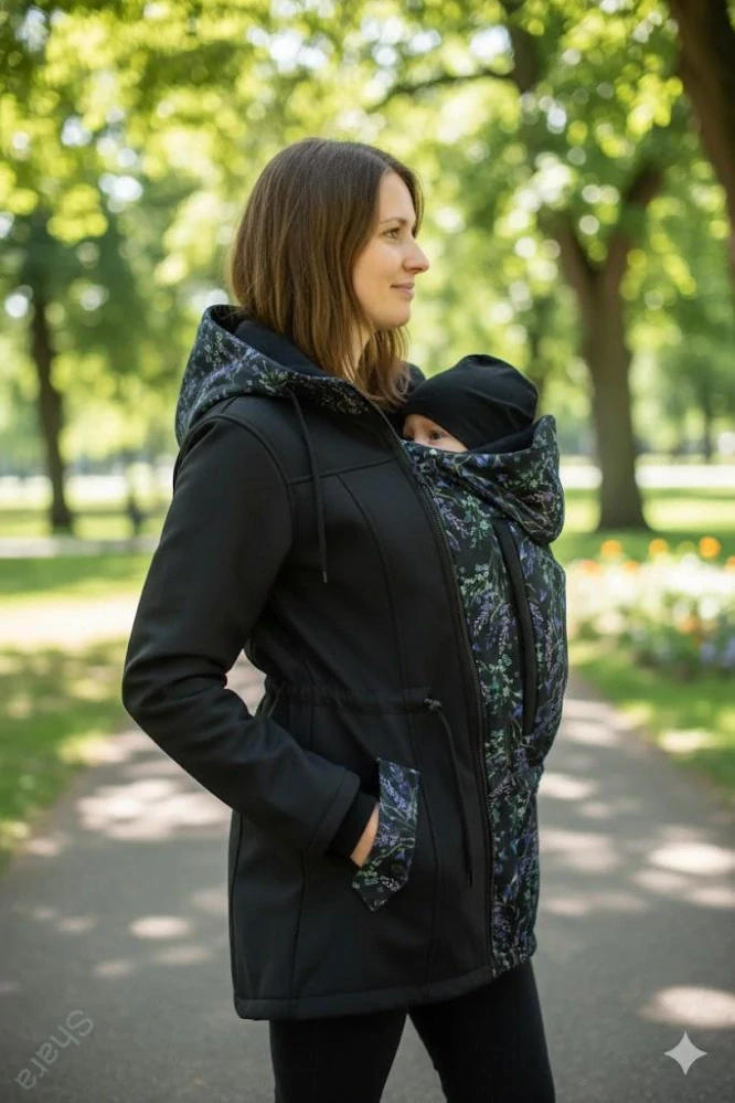 Softshellová nosící parka JARO/PODZIM pro přední nošení s hladícími kapsami-černá/bylinky SKLADEM vel. XL