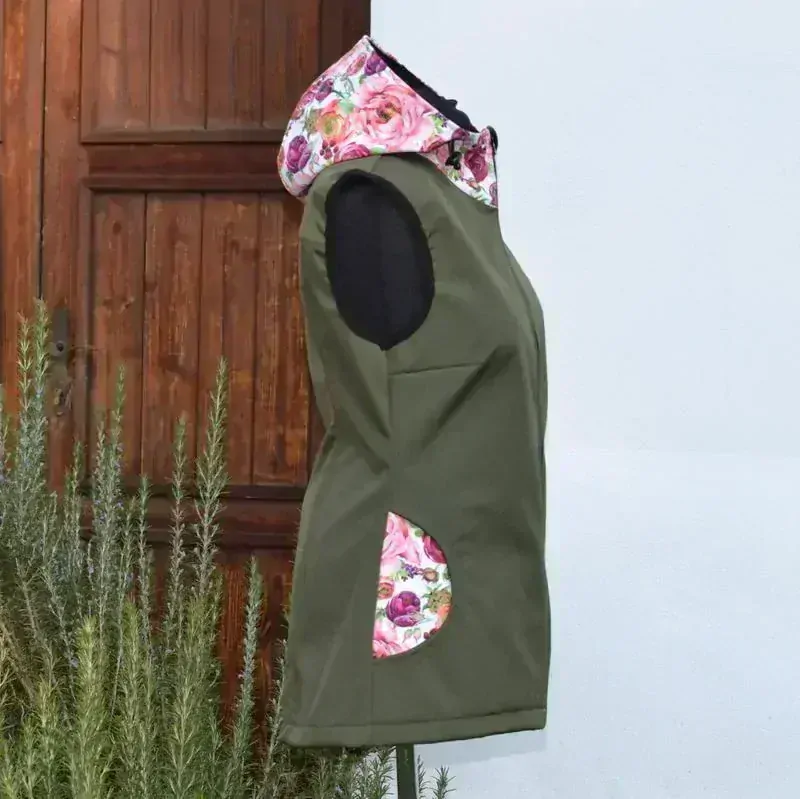 Softshellová vesta dlouhá - oliva/pivoňky