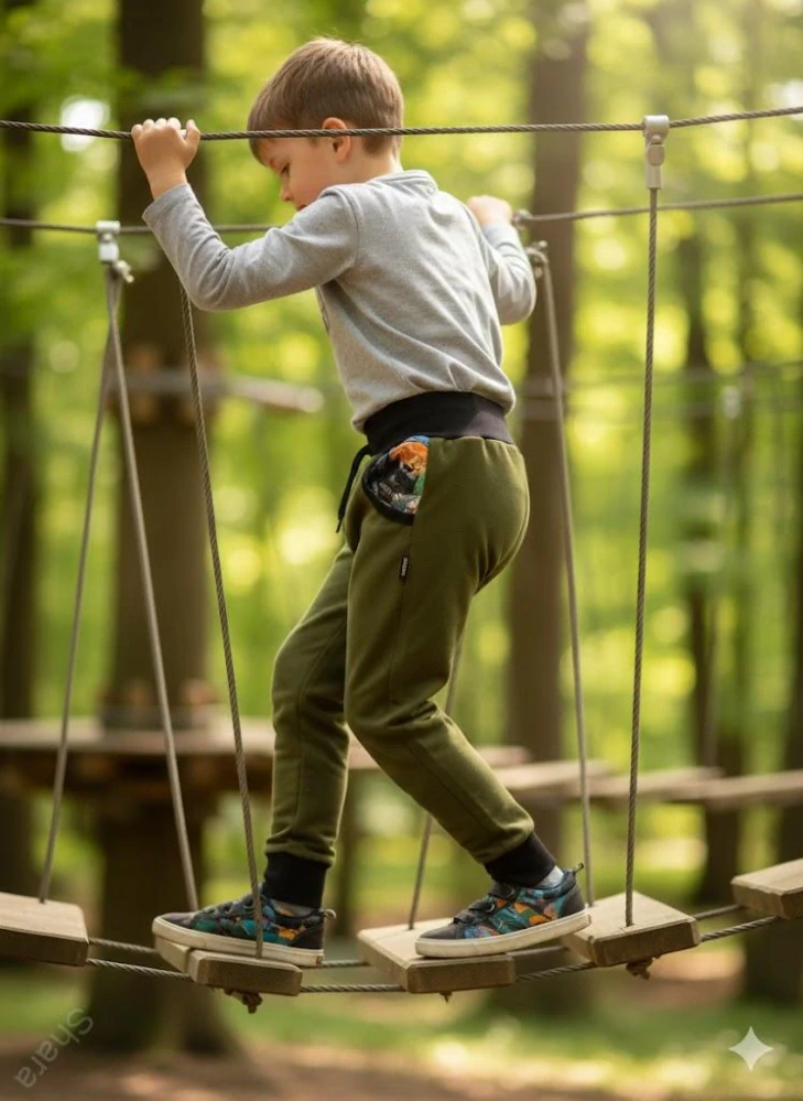 Dětské kalhoty softshellové oliva/v kapsách horská zvířátka