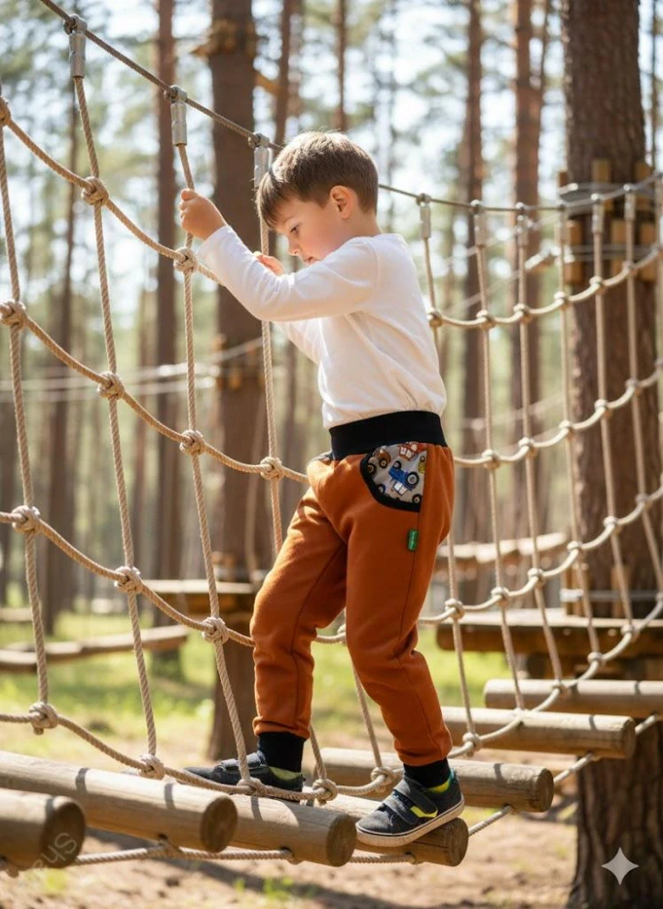 Dětské kalhoty softshellové karamel/v kapsách traktory
