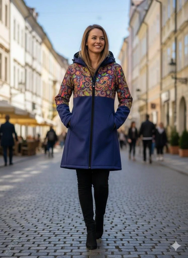Softshellový kabát JARO/PODZIM přední nošení - modrofialová/kašmír SKLADEM vel. S /stahování i pod zadečkem