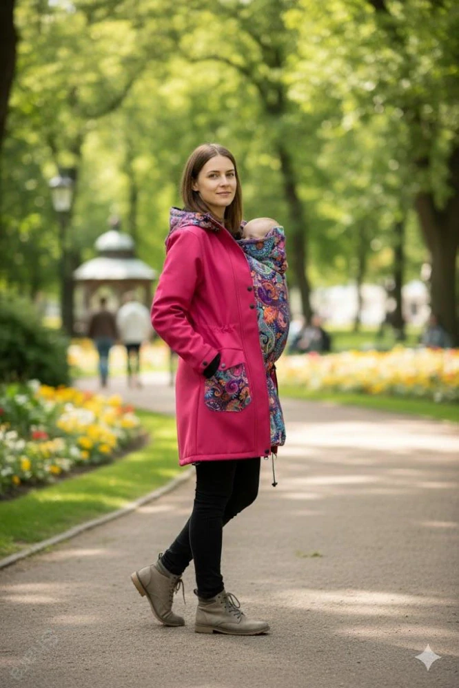 Softshellový kabát přední nošení - malina/ornamenty