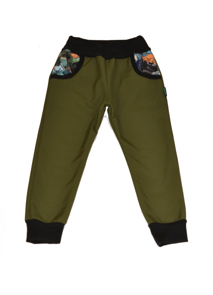 Dětské kalhoty softshellové oliva/horská zvířátka SKLADEM vel.98 
