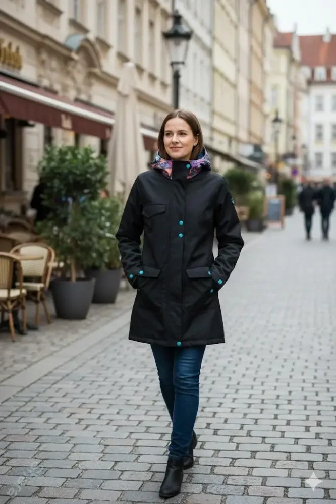 Softshellový kabát přední nošení vsadka s hladítky- černá/mandalové trojúhelníky/druky jsou fialové SKLADEM vel.M