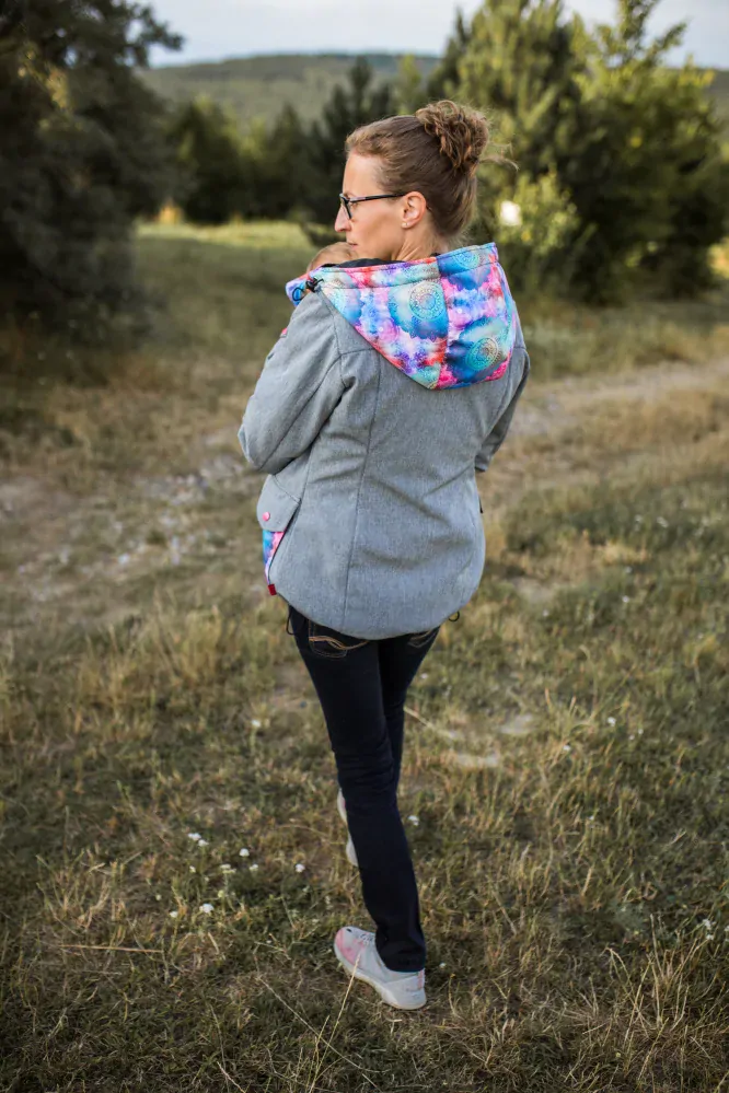 Softshellová bunda pro přední nošení - šedá žíhaná/duhové mandaly