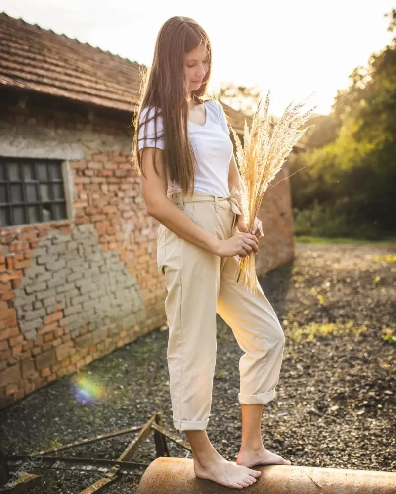 Lněné dámské kalhoty-režná