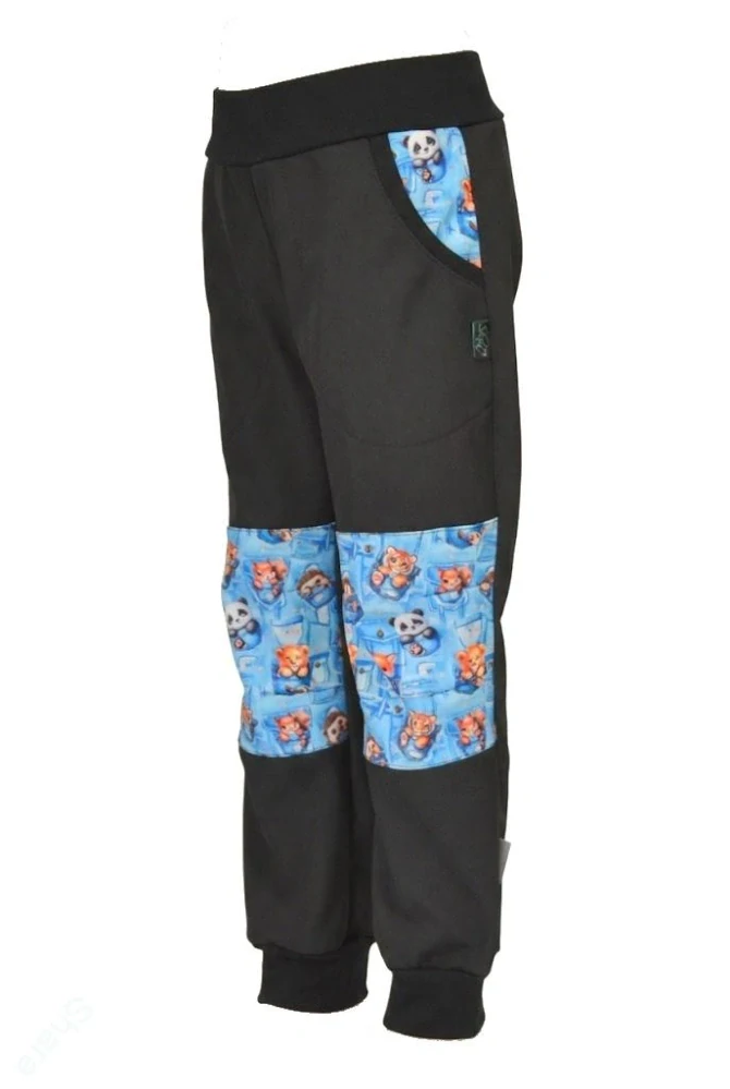 Dětské kalhoty softshellové - černá/pandy