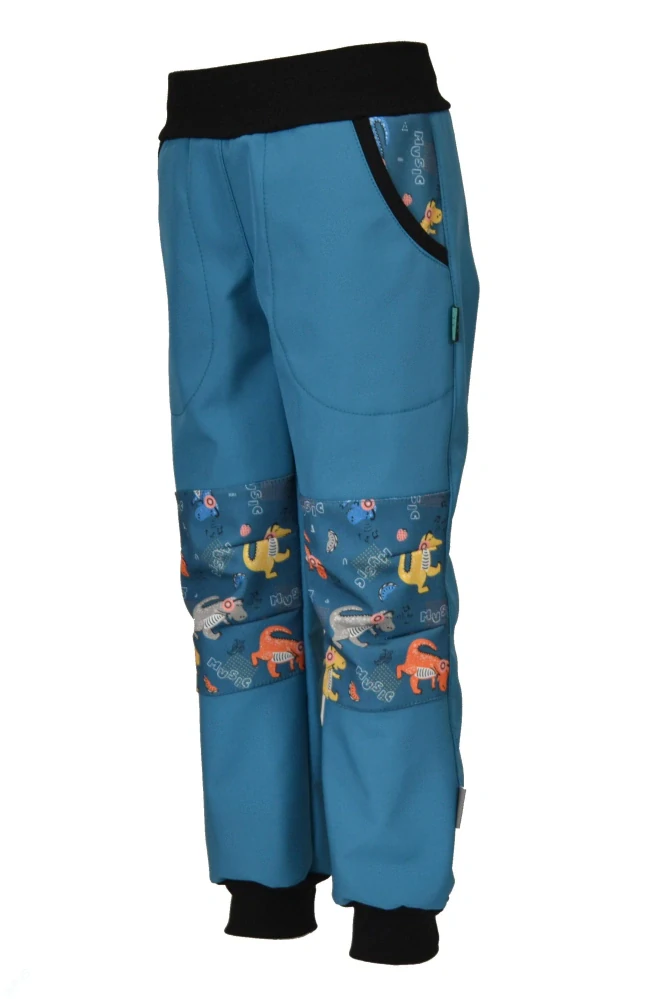 Dětské kalhoty softshellové - petrolej/dino sluchátka