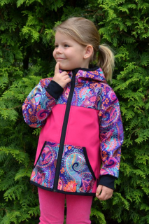 Dětská softshellová bunda - malina i kapsy/ornamenty - SKLADEM - vel.98