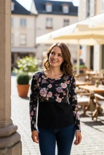 Kojící i těhotenské tričko Shara - černá/květy na černé