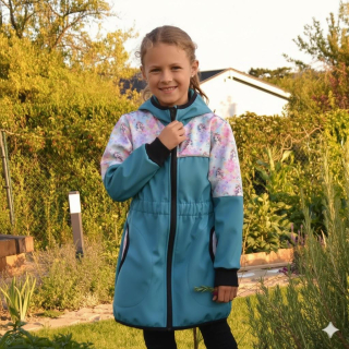 Softshellový kabátek v pase gumička - petrolej/jednorožec