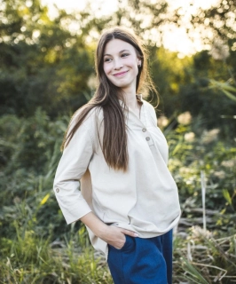 Dámská halena se záhybky, 3/4 rukáv - režný len SKLADEM 