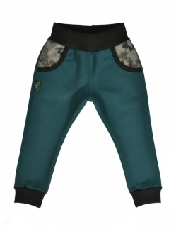 Dětské kalhoty softshellové - petrolej/v kapsách maskáč SKLADEM vel.98