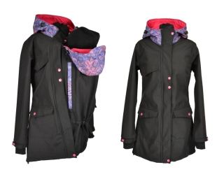 Softshellový kabát přední nošení vsadka s hladítky- černá/modré květy/růžová