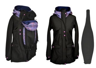 Softshellový kabát 3v1 -těhotenská vsadka přední nošení vsadka s hladítky - černá/modré květy/modrá